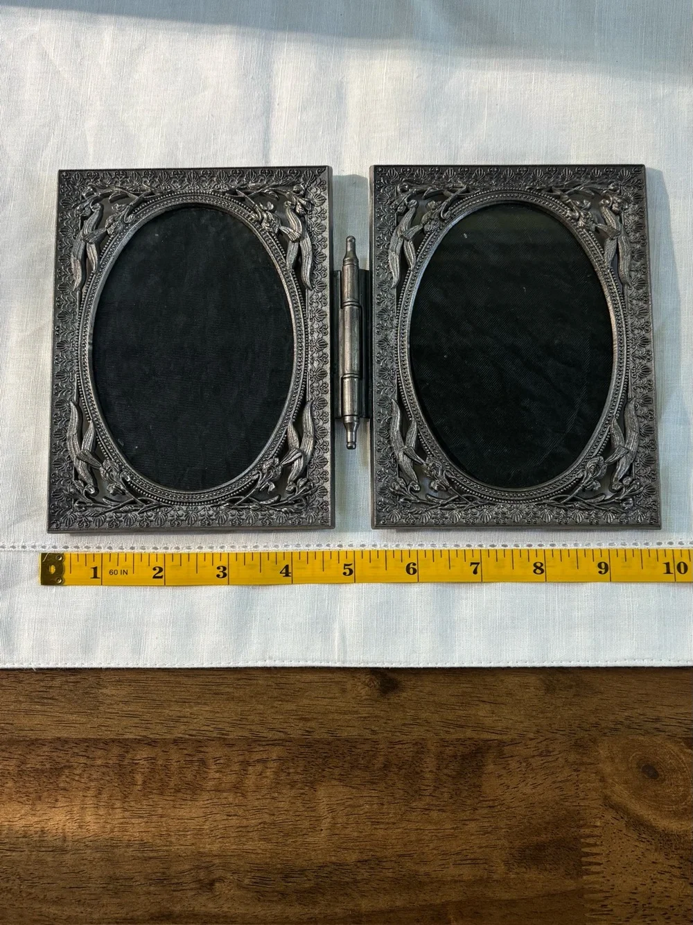 Ornate Hinged Oval Double Photo Frame in Dark Silver Tone